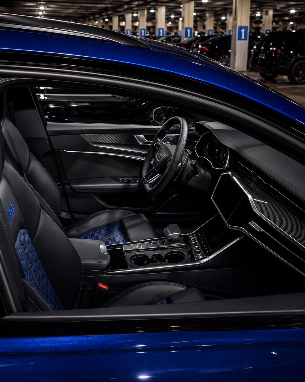 Professionally detailed blue vehicle interior